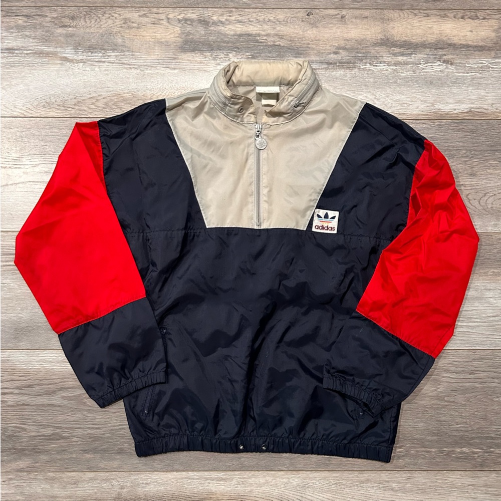 VTG 80s Adidas Mens M/L Pullover Colorblock Trefoil Anorak Zip Hooded Jacket